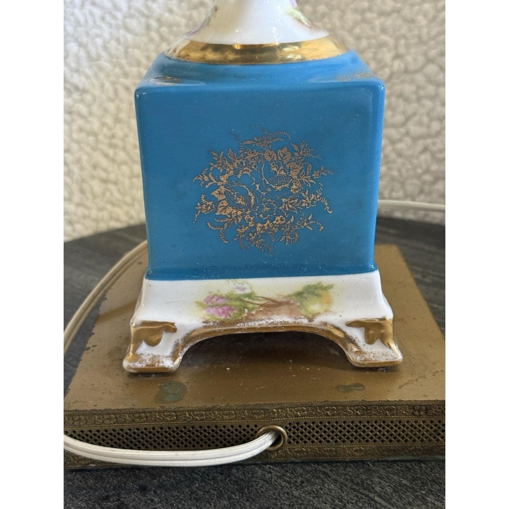 Vtg French Sevres Style Porcelain Urn Lamp Blue Floral Gold Signed Antique Decor - Picture 9 of 12